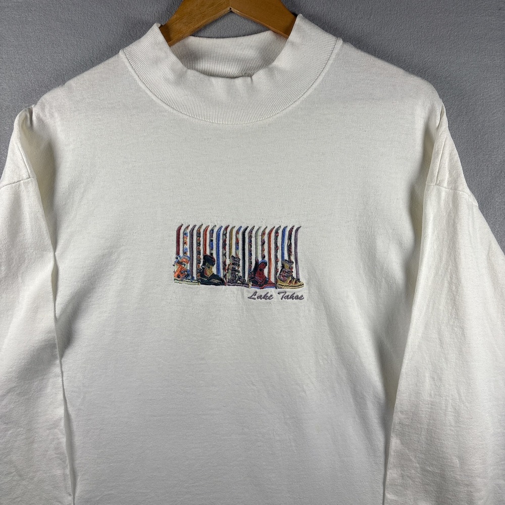 Vintage Lake Tahoe Ski Row Mock Neck Shirt XL Long Sleeve Embroidered USA